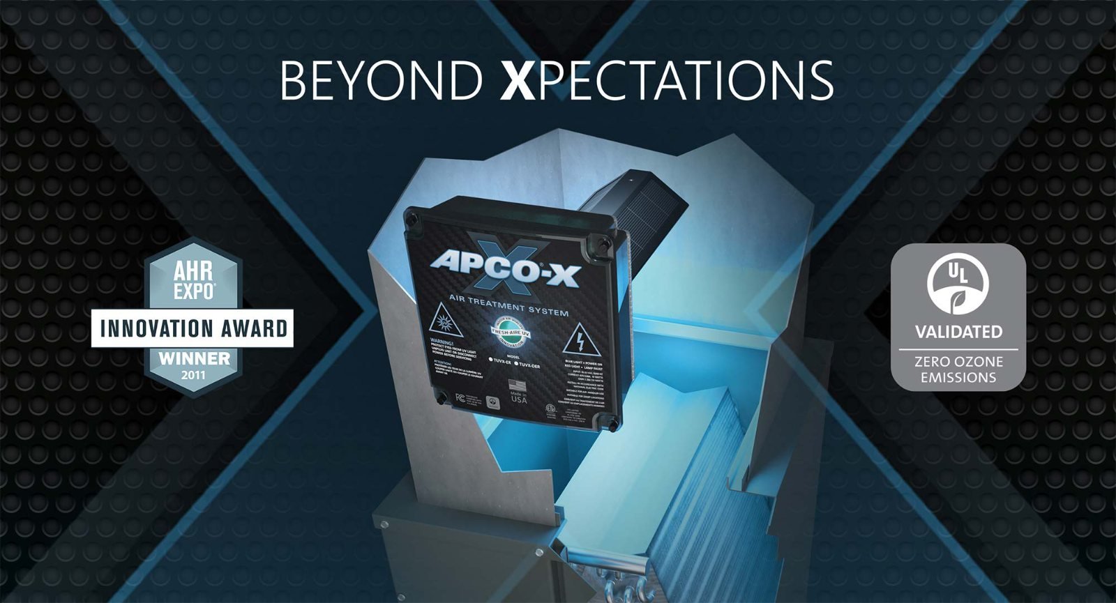 APCO-X air treatment system installed in ductwork, AHR Expo Innovation Award winner, UL validated zero ozone emissions