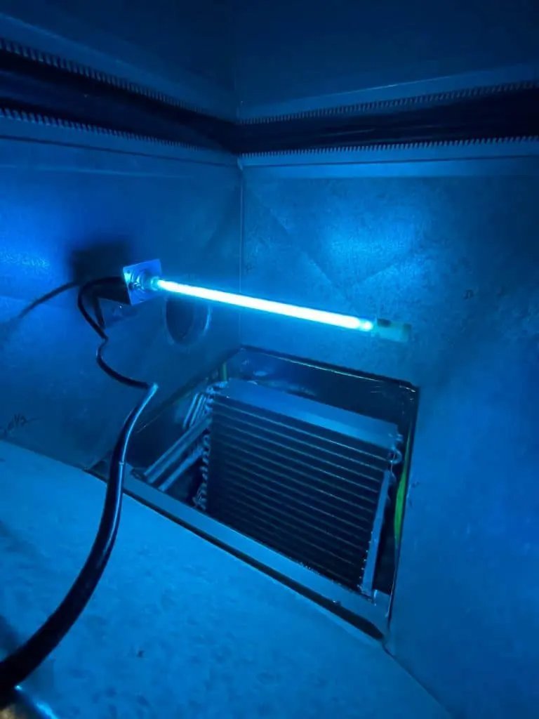 UV germicidal light installed inside home ductwork above the evaporator coil